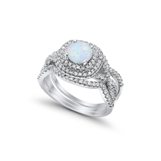 Three Pieces Lab Created White Opal Wedding Bridal Ring