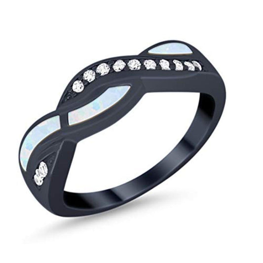 Half Eternity Weave Knot Ring Crisscross Black Tone, Lab Created White Opal