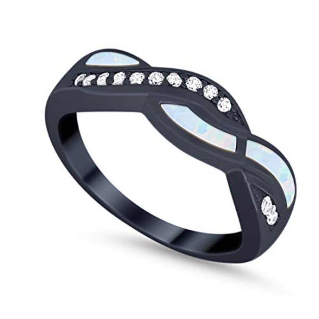 Half Eternity Weave Knot Ring Crisscross Black Tone, Lab Created White Opal