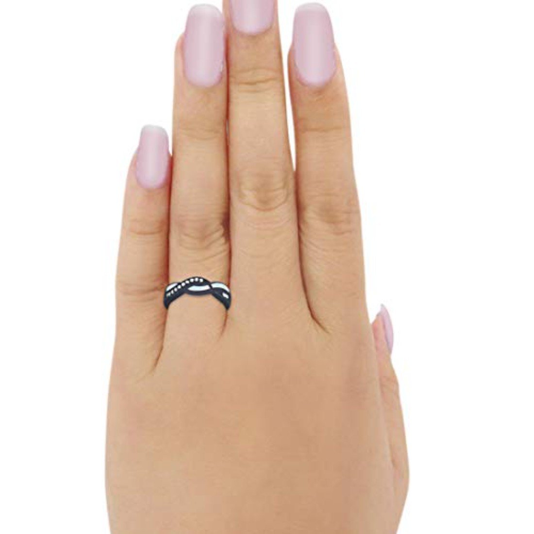 Half Eternity Weave Knot Lab Created White Opal Black Tone Crisscross Ring