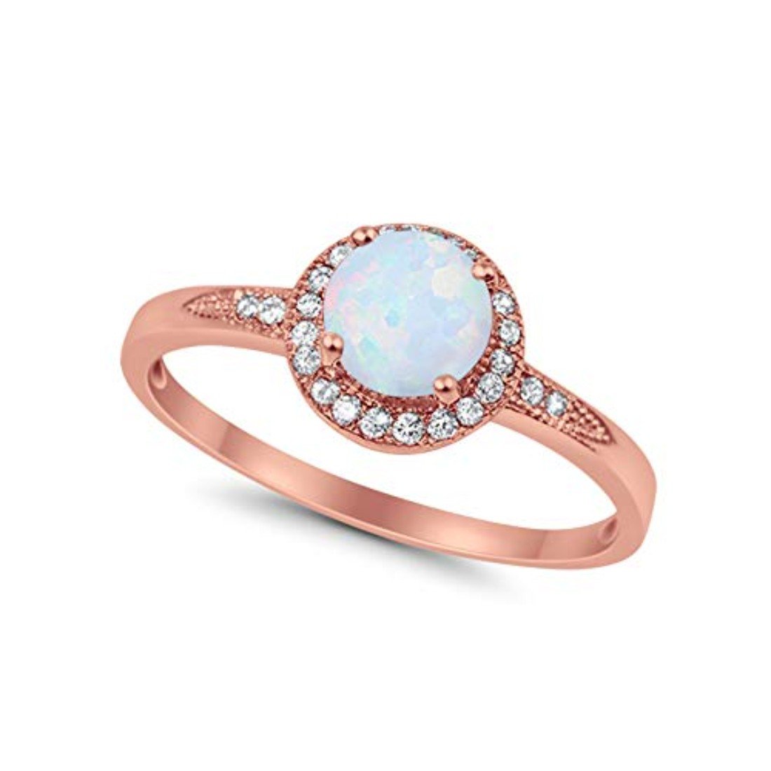 Halo Art Deco Round Rose Tone, Lab Created White Opal Engagement Ring