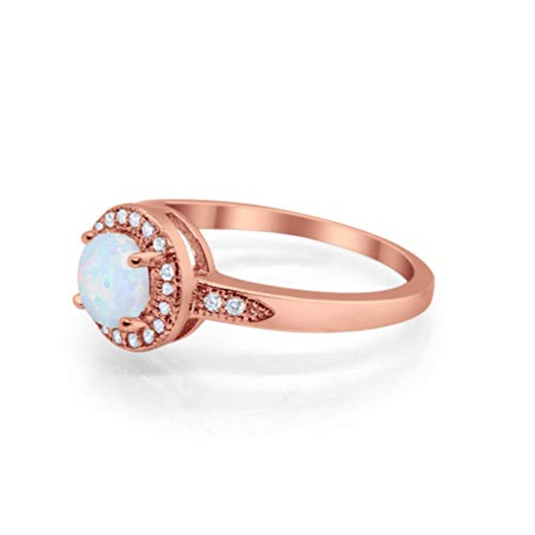 Halo Art Deco Round Rose Tone, Lab Created White Opal Engagement Ring