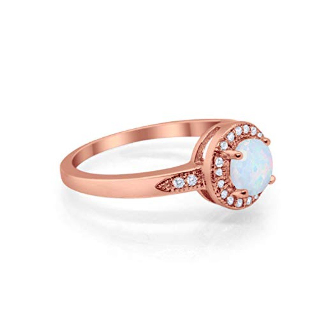 Halo Art Deco Round Rose Tone, Lab Created White Opal Engagement Ring