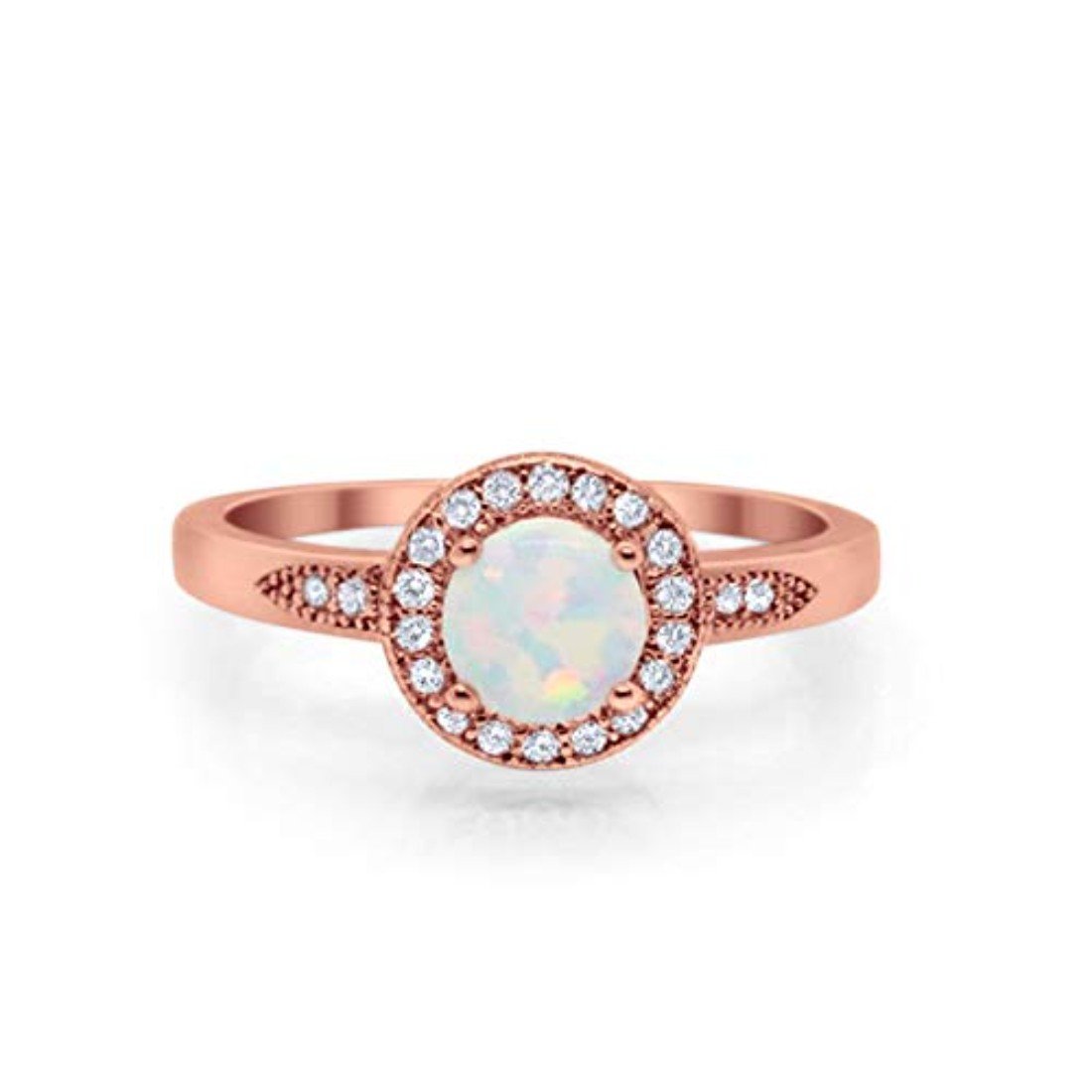 Halo Art Deco Round Rose Tone, Lab Created White Opal Engagement Ring