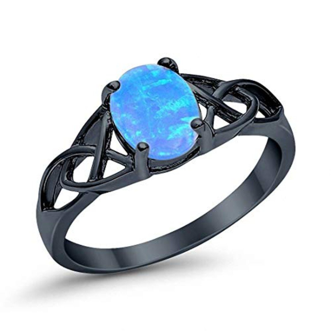 Halo Vintage Style Wedding Ring Black Tone, Lab Created Blue Opal