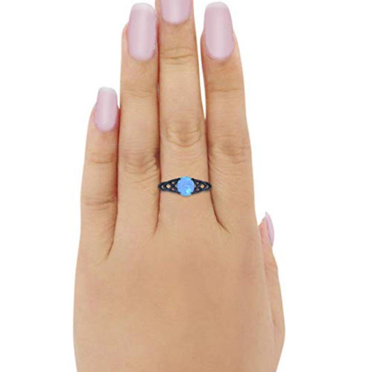 Halo Vintage Style Wedding Ring Black Tone, Lab Created Blue Opal