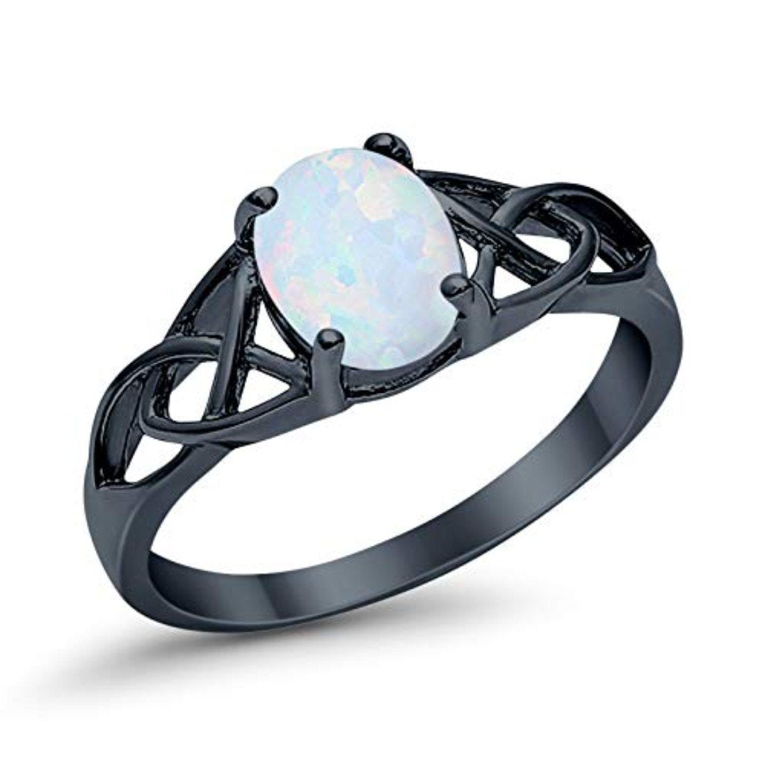 Halo Vintage Style Wedding Ring Black Tone, Lab Created White Opal