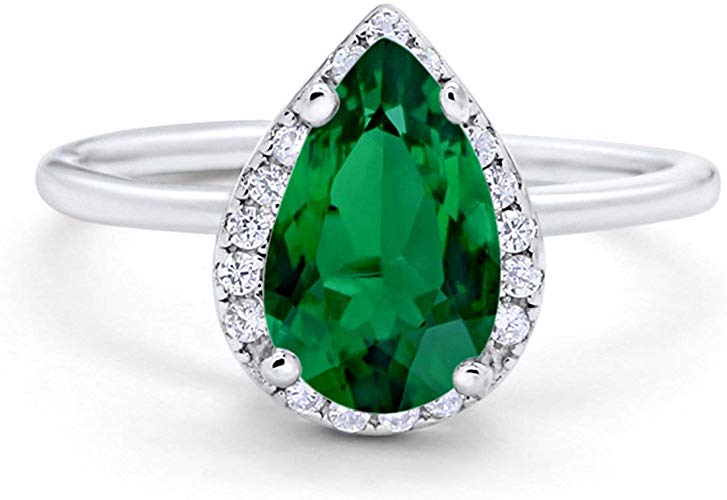 Teardrop Pear Green Emerald CZ Wedding Engagement Ring