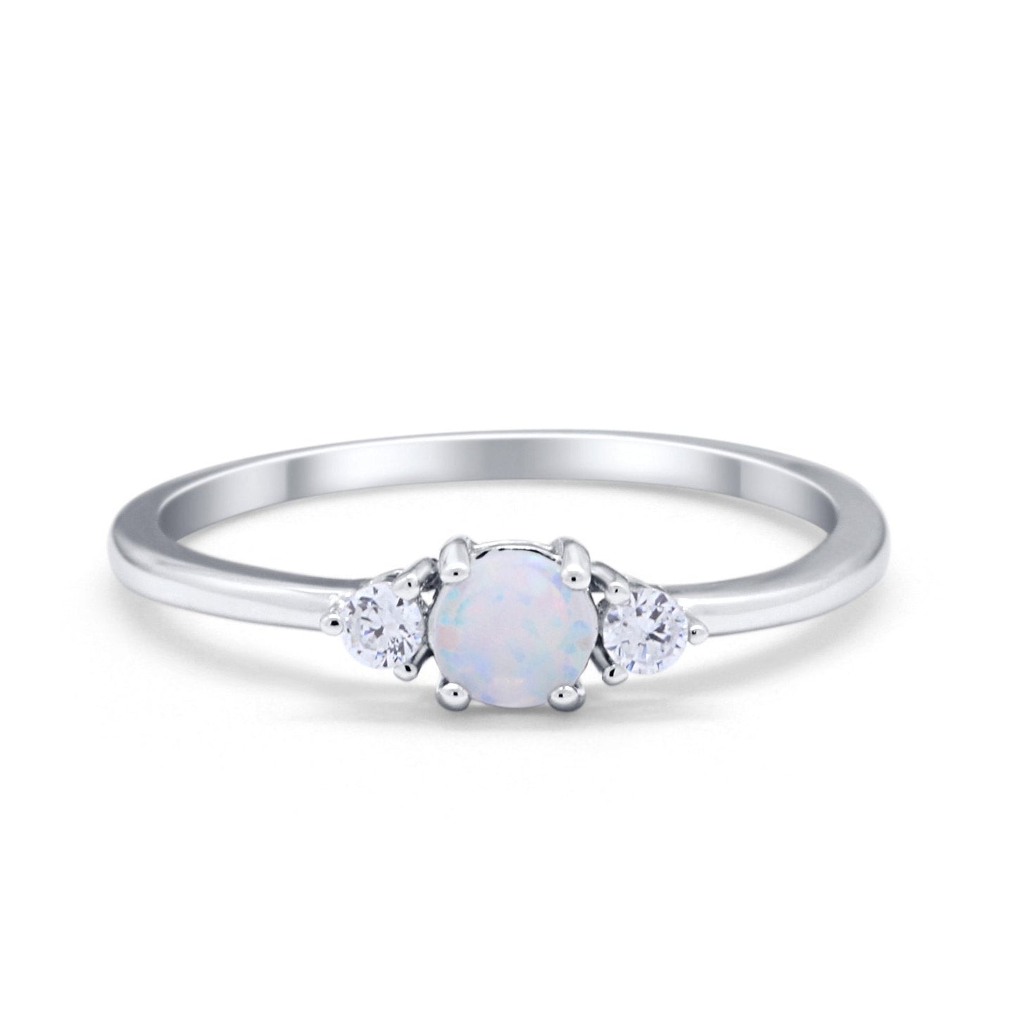 Three Stone Engagement Ring Round Lab Created White Opal