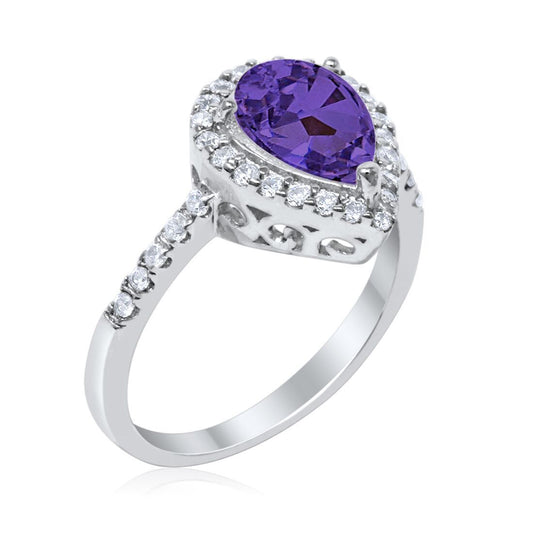 Halo Teardrop Bridal Filigree Ring Simulated Amethyst CZ