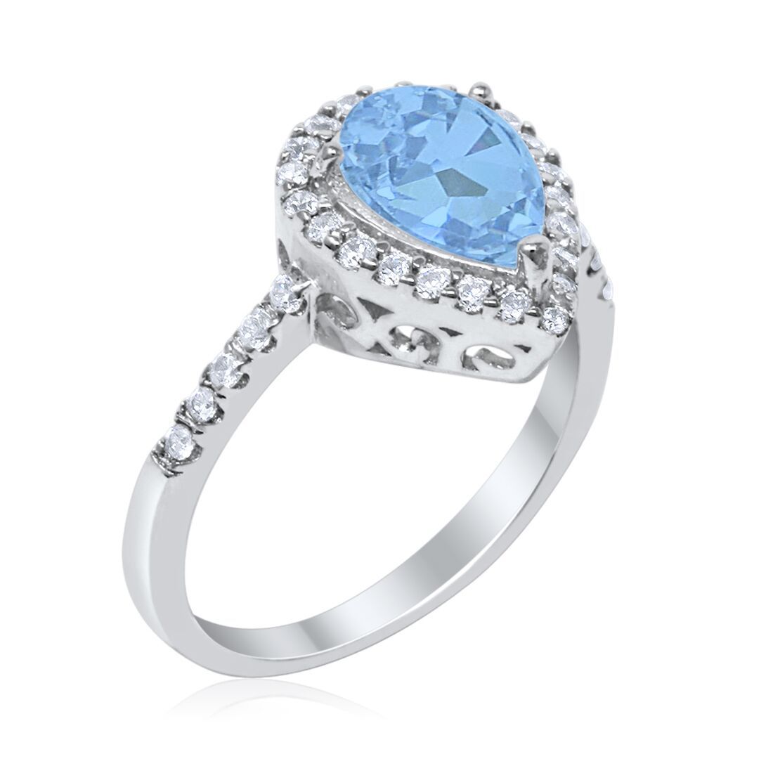 Halo Teardrop Bridal Filigree Ring Simulated Aquamarine CZ