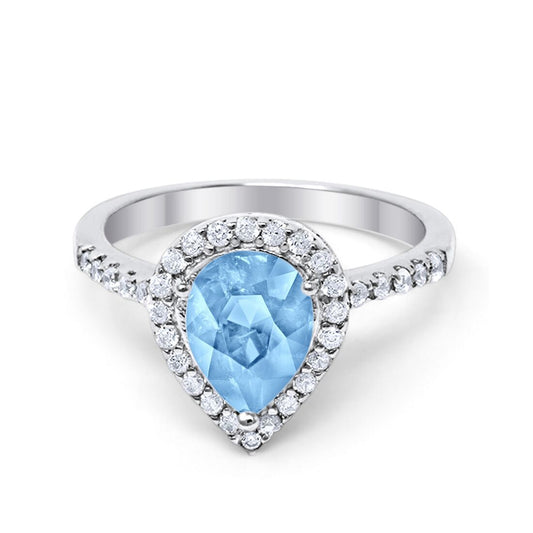 Halo Teardrop Bridal Filigree Ring Simulated Aquamarine CZ