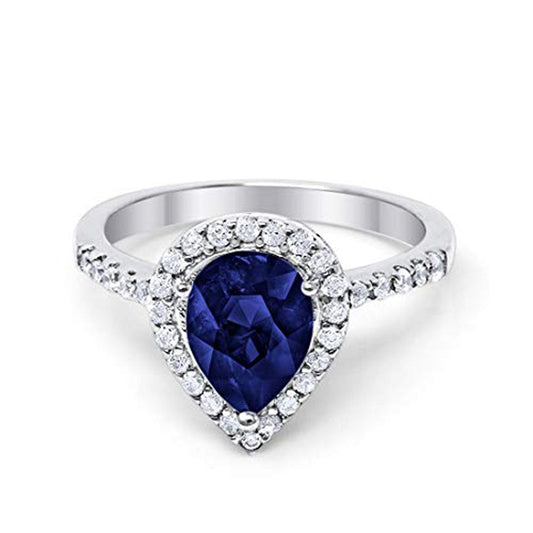 Halo Teardrop Bridal Filigree Ring Simulated Blue Sapphire CZ