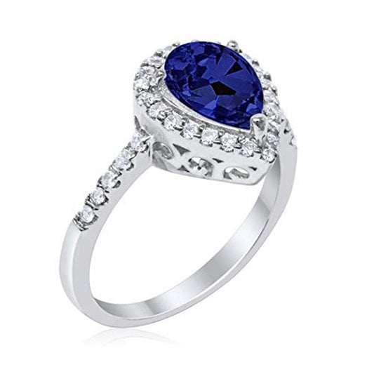 Halo Teardrop Bridal Filigree Ring Simulated Blue Sapphire CZ