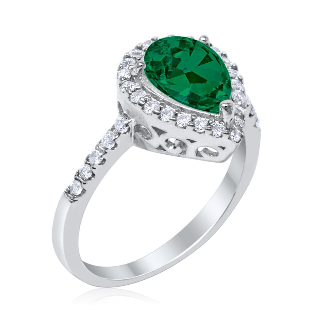 Halo Teardrop Bridal Filigree Ring Simulated Green Emerald CZ