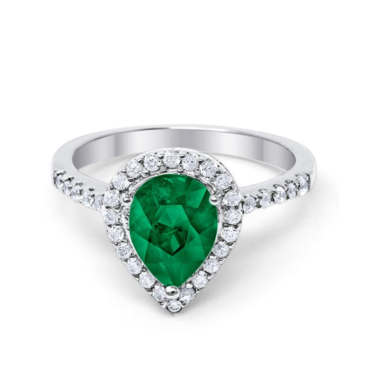 Halo Teardrop Bridal Filigree Ring Simulated Green Emerald CZ