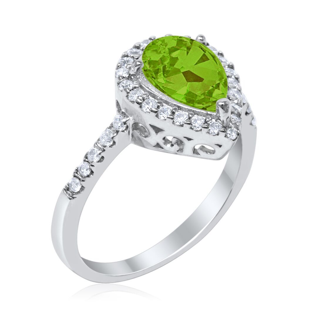 Halo Teardrop Bridal Filigree Ring Simulated Peridot CZ