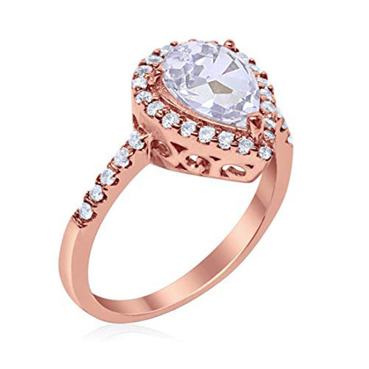 Halo Teardrop Bridal Filigree Rose Tone, Simulated CZ Ring