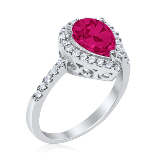 Halo Teardrop Bridal Filigree Ring Simulated Ruby CZ