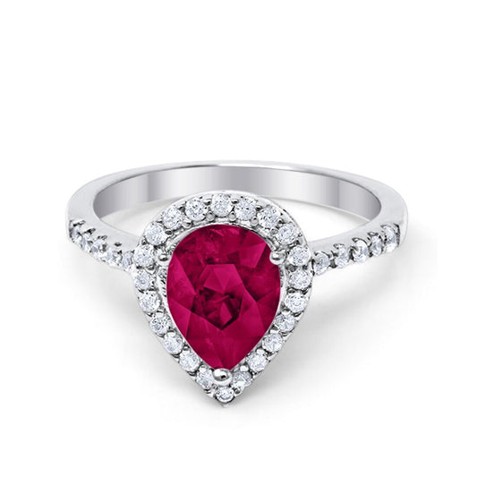 Halo Teardrop Bridal Filigree Ring Simulated Ruby CZ