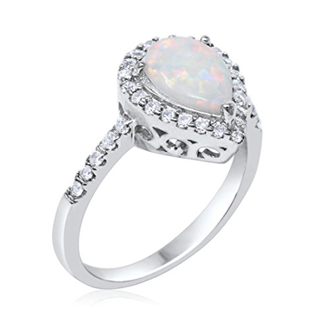 Halo Teardrop Bridal Lab White Opal Filigree Ring