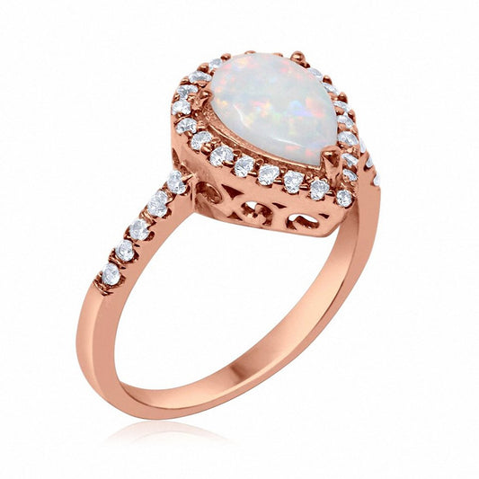 Halo Teardrop Bridal Rose Tone, Lab White Opal Filigree Ring