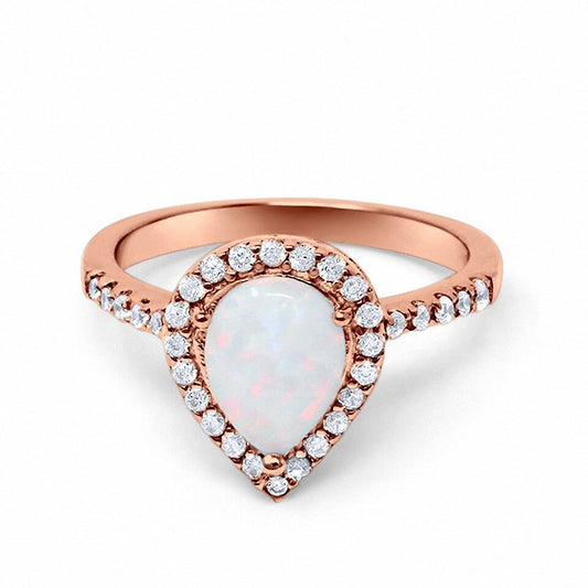 Halo Teardrop Bridal Rose Tone, Lab White Opal Filigree Ring