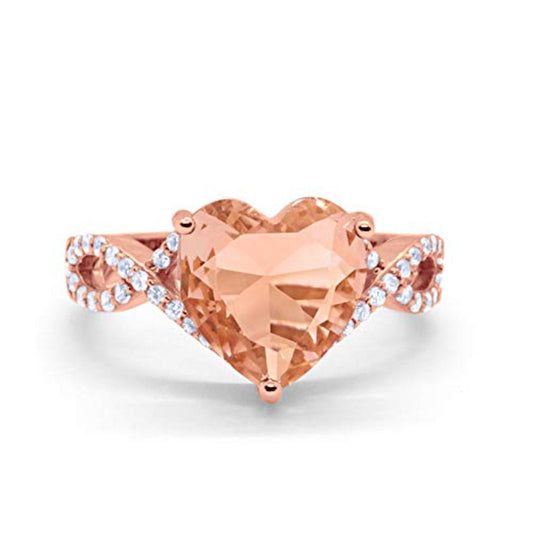 Art Deco Heart Promise Twisted Shank Rose Tone, Simulated Morganite CZ Wedding Ring