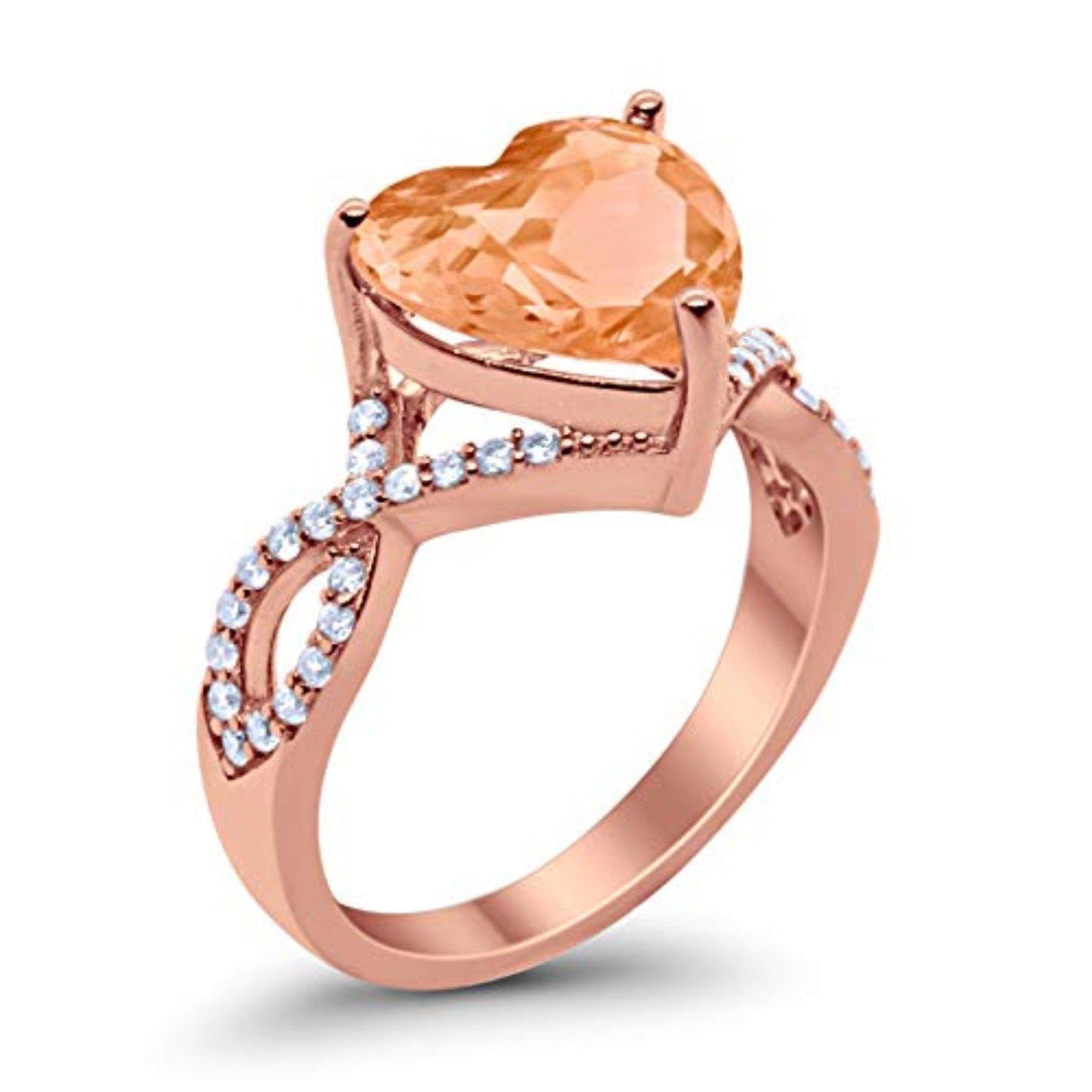 Art Deco Heart Promise Twisted Shank Rose Tone, Simulated Morganite CZ Wedding Ring