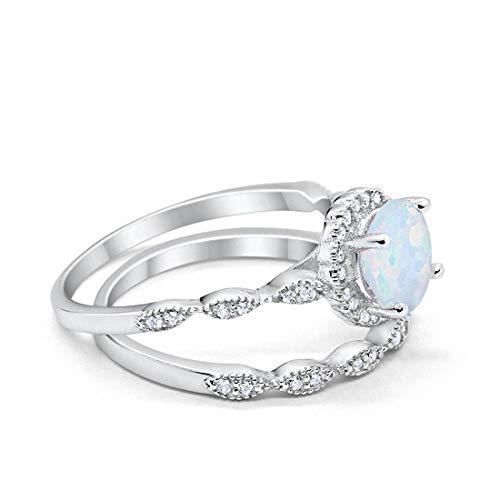 Two Piece Halo Round Simulated CZ Lab White Opal Wedding Ring