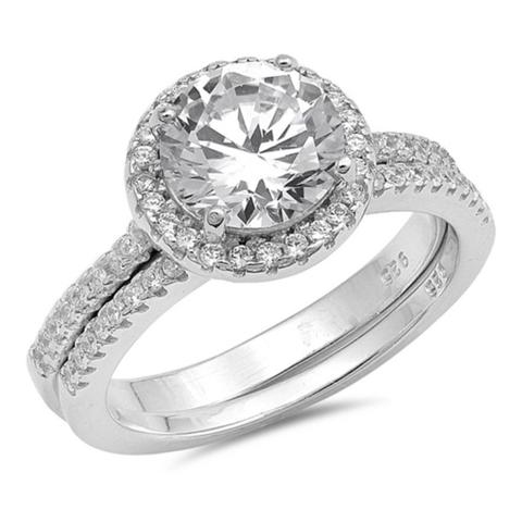 Halo Two Piece Wedding Engagement Ring Round Simulated Cubic Zirconia