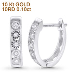 Solid 10K Gold 14mm Round Diamond Hoop Huggie Earrings With Post And Click Backing