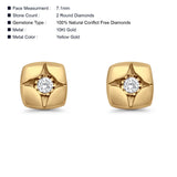 Solid 10K Gold 7.1mm Square Shaped Round Fine Diamond Stud Earrings