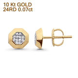 Solid 10K Gold 7.4mm Octagon Shaped Round Diamond Stud Earrings