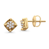 Solid 10K Gold 6.8mm Square Shaped Round Diamond Stud Earrings