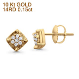 Solid 10K Gold 6.8mm Square Shaped Round Diamond Stud Earrings