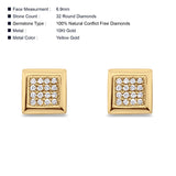 Solid 10K Gold 6.9mm Square Shaped Round Diamond Stud Earrings