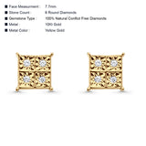 Solid 10K Gold 7.7mm Square Shaped Round Diamond Stud Earrings