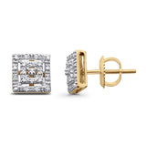 Solid 10K Gold 8mm Square Shaped Round Diamond Stud Earrings