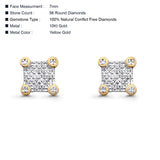 Solid 10K Gold 7mm Square Shaped Round Diamond Stud Earrings