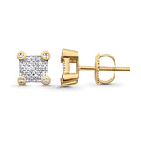 Solid 10K Gold 7mm Square Shaped Round Diamond Stud Earrings