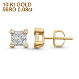 Solid 10K Gold 7mm Square Shaped Round Diamond Stud Earrings