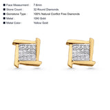 Solid 10K Gold 7.6mm Square Shaped Round Diamond Stud Earrings