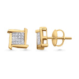 Solid 10K Gold 7.6mm Square Shaped Round Diamond Stud Earrings