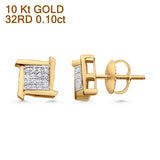 Solid 10K Gold 7.6mm Square Shaped Round Diamond Stud Earrings