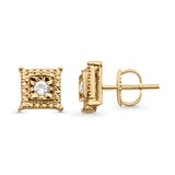 Solid 10K Gold 7.9mm Square Shaped Round Diamond Stud Earrings