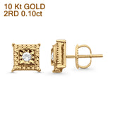 Solid 10K Gold 7.9mm Square Shaped Round Diamond Stud Earrings