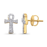 Solid 10K Gold 12.7mm Cross Shaped Ankh Diamond Stud Earrings