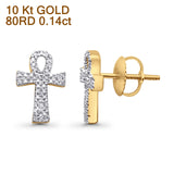 Solid 10K Gold 12.7mm Cross Shaped Ankh Diamond Stud Earrings
