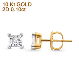 Solid 10K Gold 6.4mm Square Shaped Round Diamond Stud Earrings